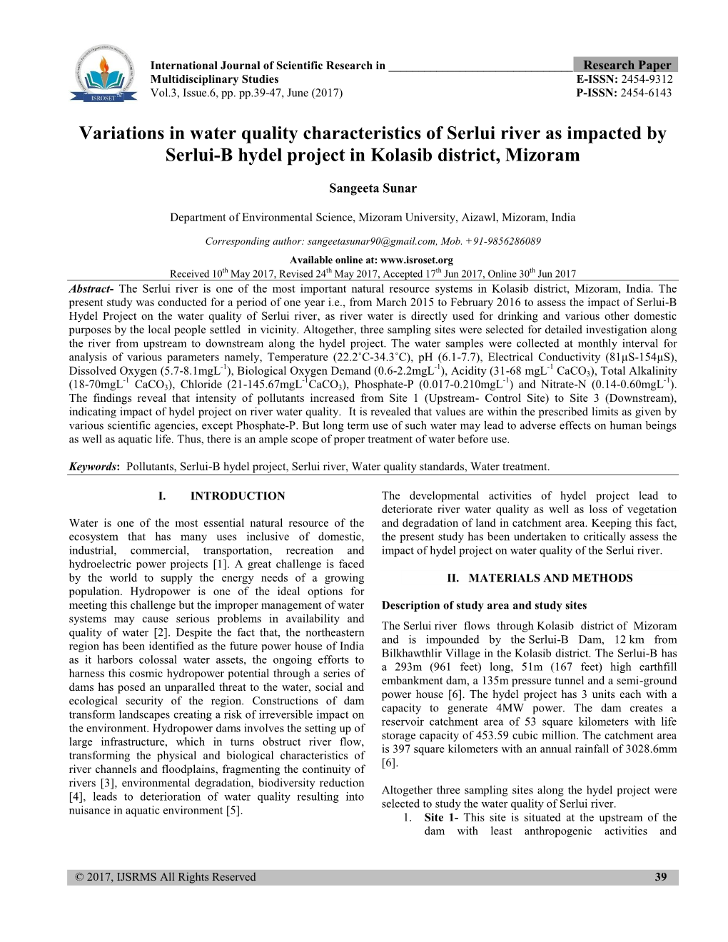 Variations in Water Quality Characteristics of Serlui River As Impacted by Serlui-B Hydel Project in Kolasib District, Mizoram