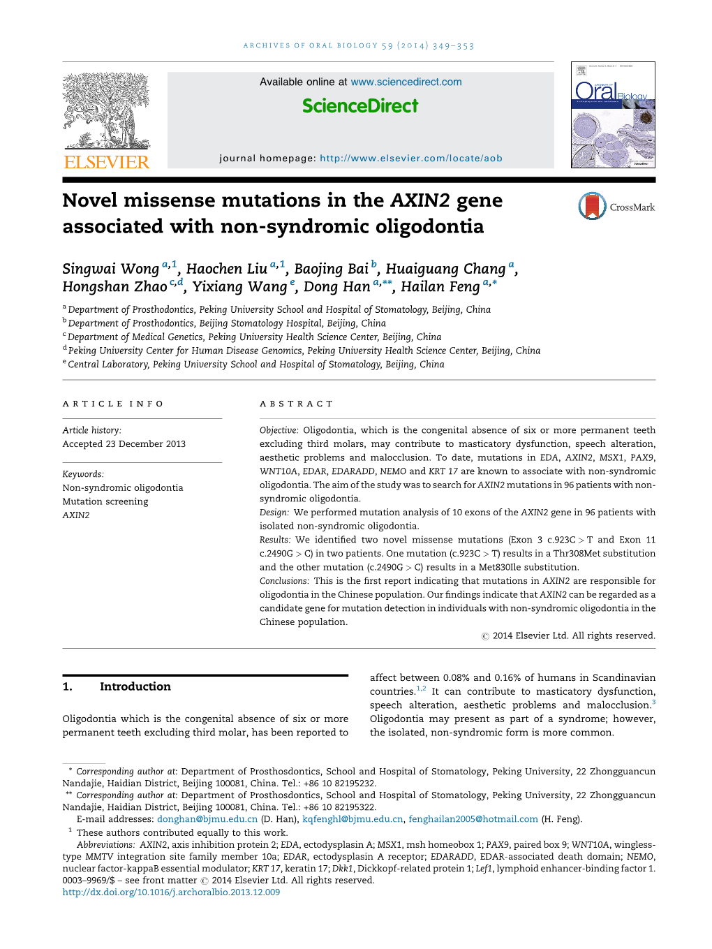 Novel Missense Mutations in the AXIN2 Gene Associated with Non