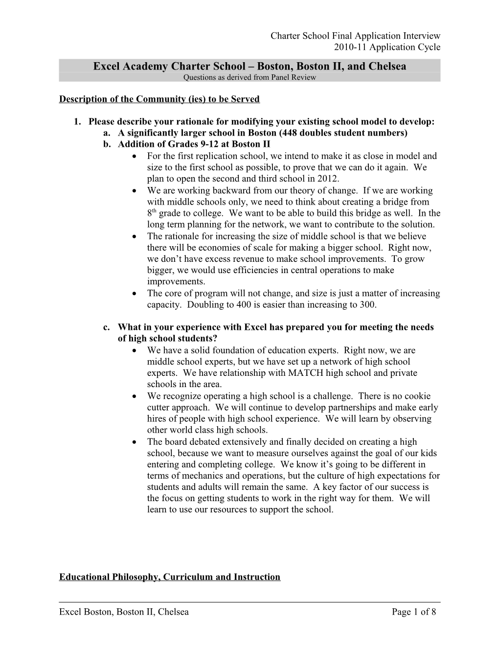 Standard Interview Questions for Founding Groups, Excel Academy