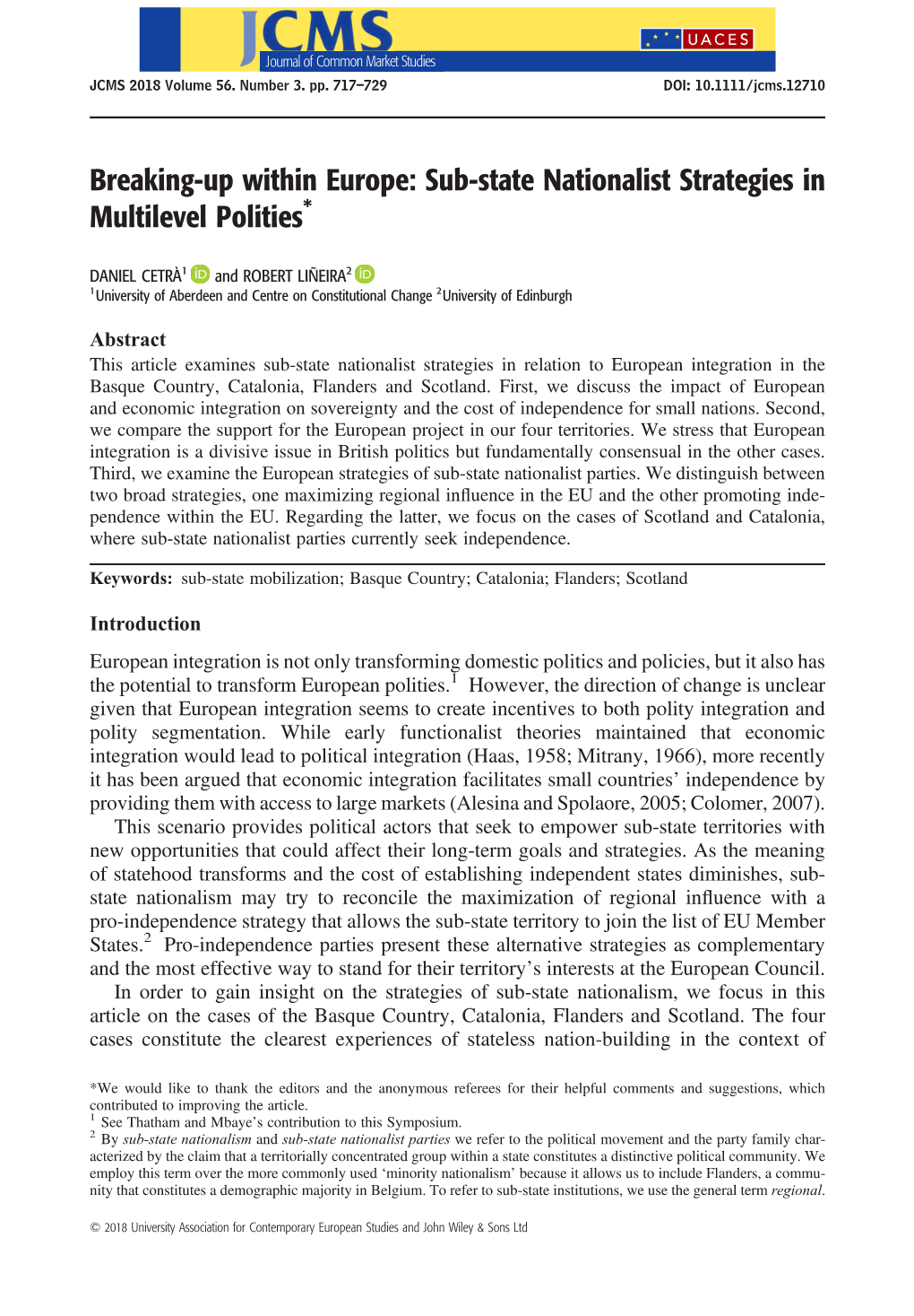 Sub-State Nationalist Strategies in Multilevel Polities*