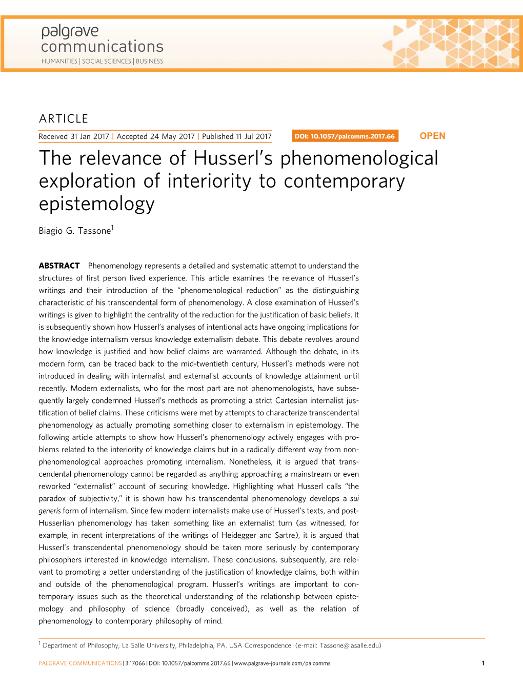 The Relevance of Husserl's Phenomenological