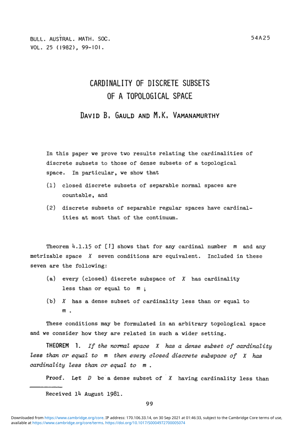 Cardinality of Discrete Subsets of a Topological Space