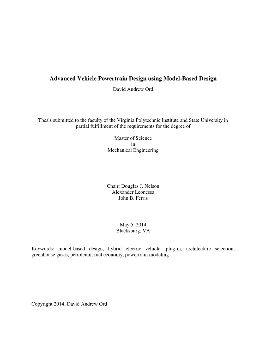 Advanced Vehicle Powertrain Design Using Model-Based Design David Andrew Ord