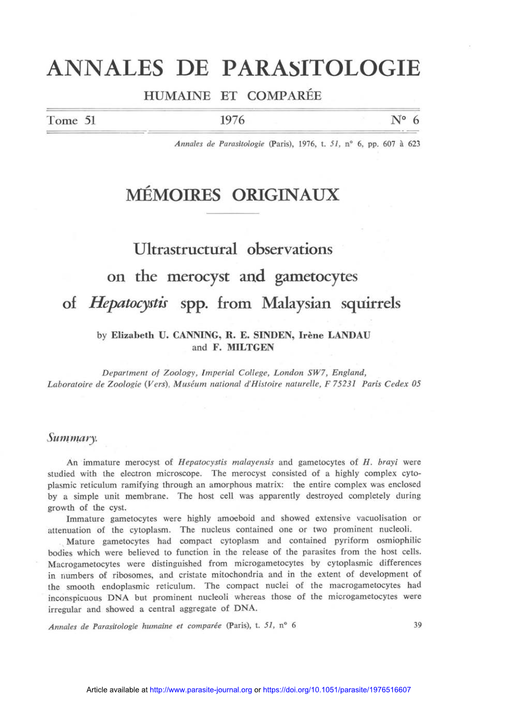 Ultrastructural Observations on the Merocyst and Gametocytes of Hepatocystis Spp