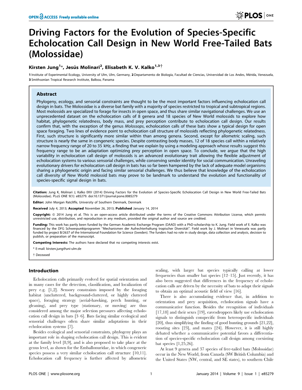 Driving Factors for the Evolution of Species-Specific Echolocation Call Design in New World Free-Tailed Bats (Molossidae)