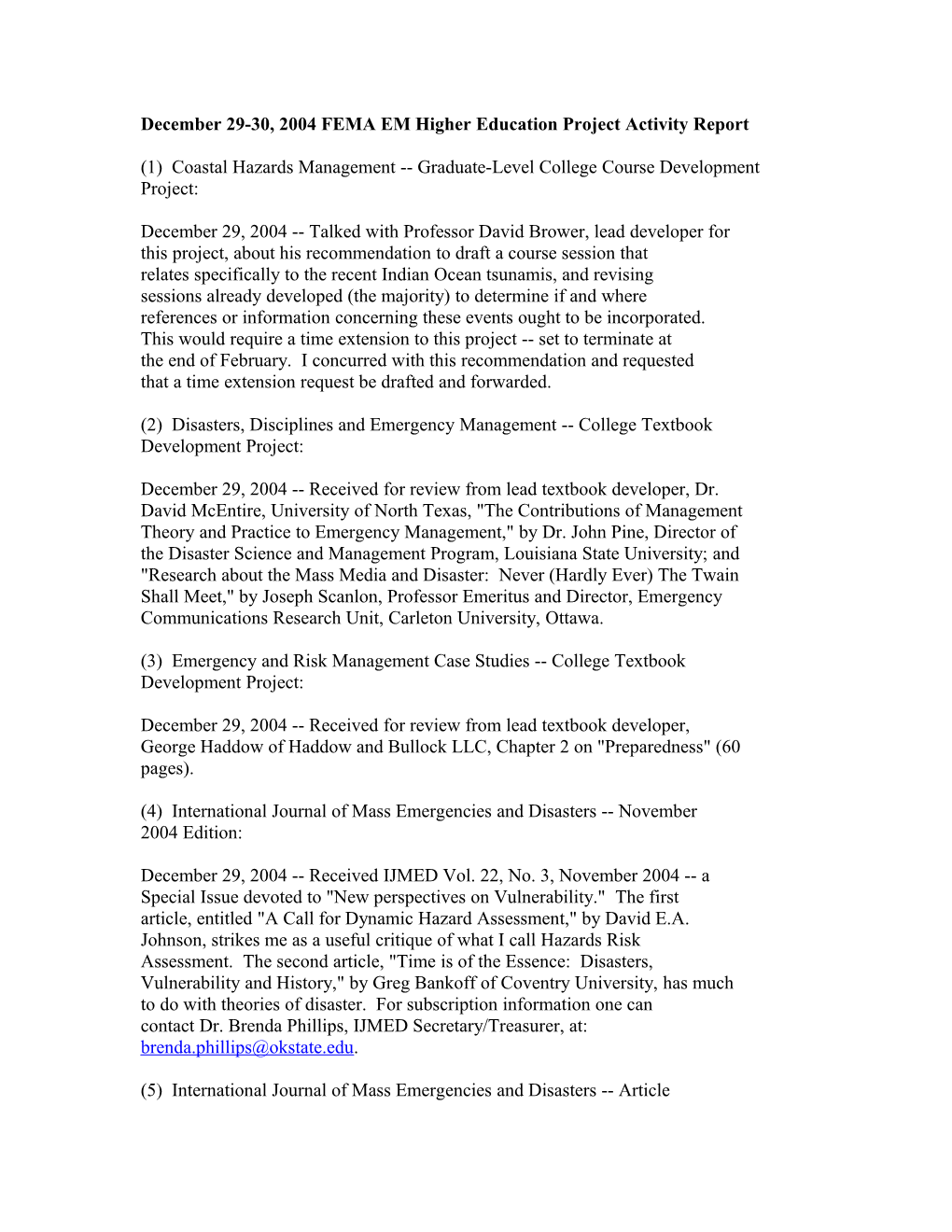 December 29-30, 2004 FEMA EM Higher Education Project Activity Report