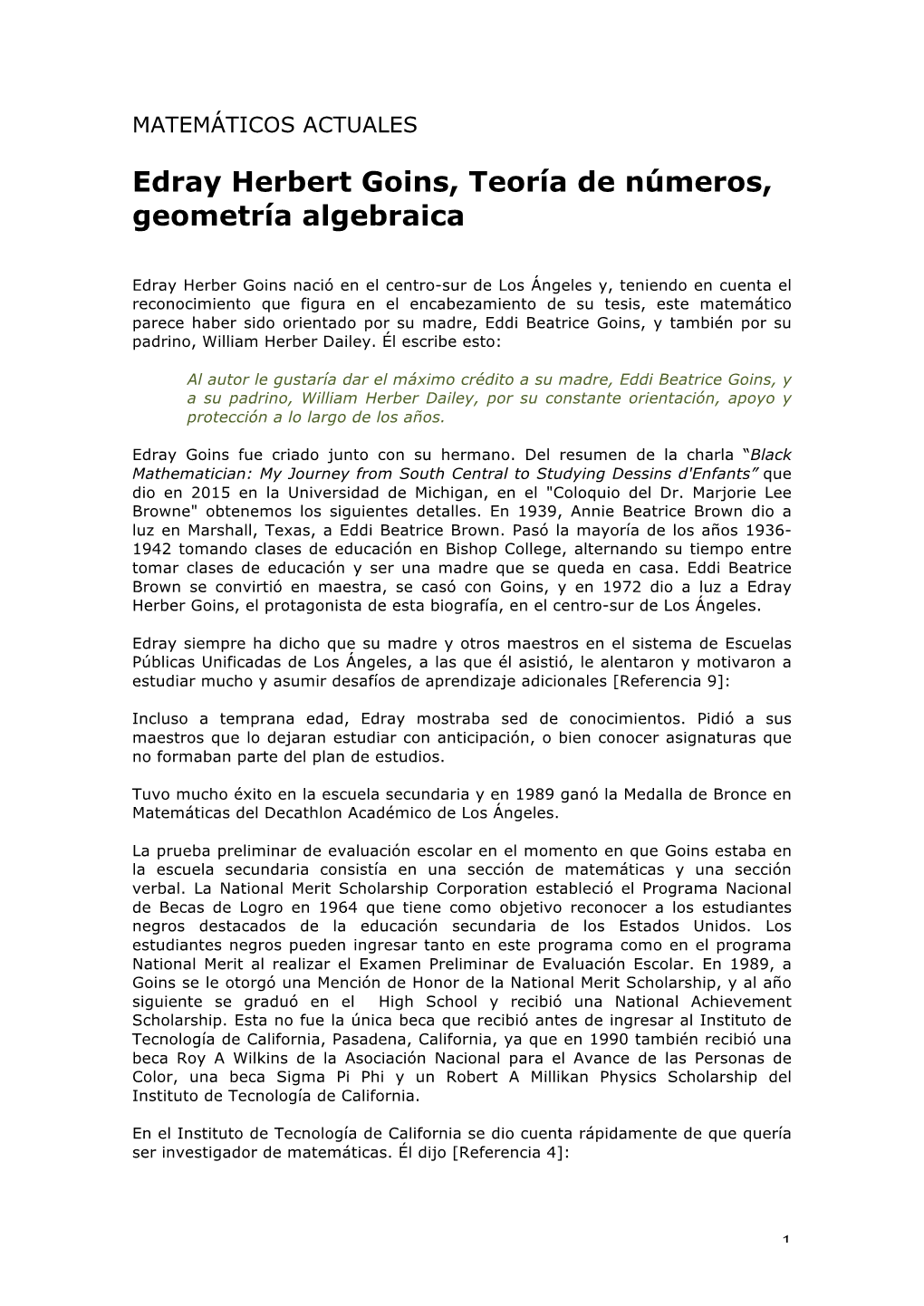 Edray Herbert Goins, Teoría De Números, Geometría Algebraica