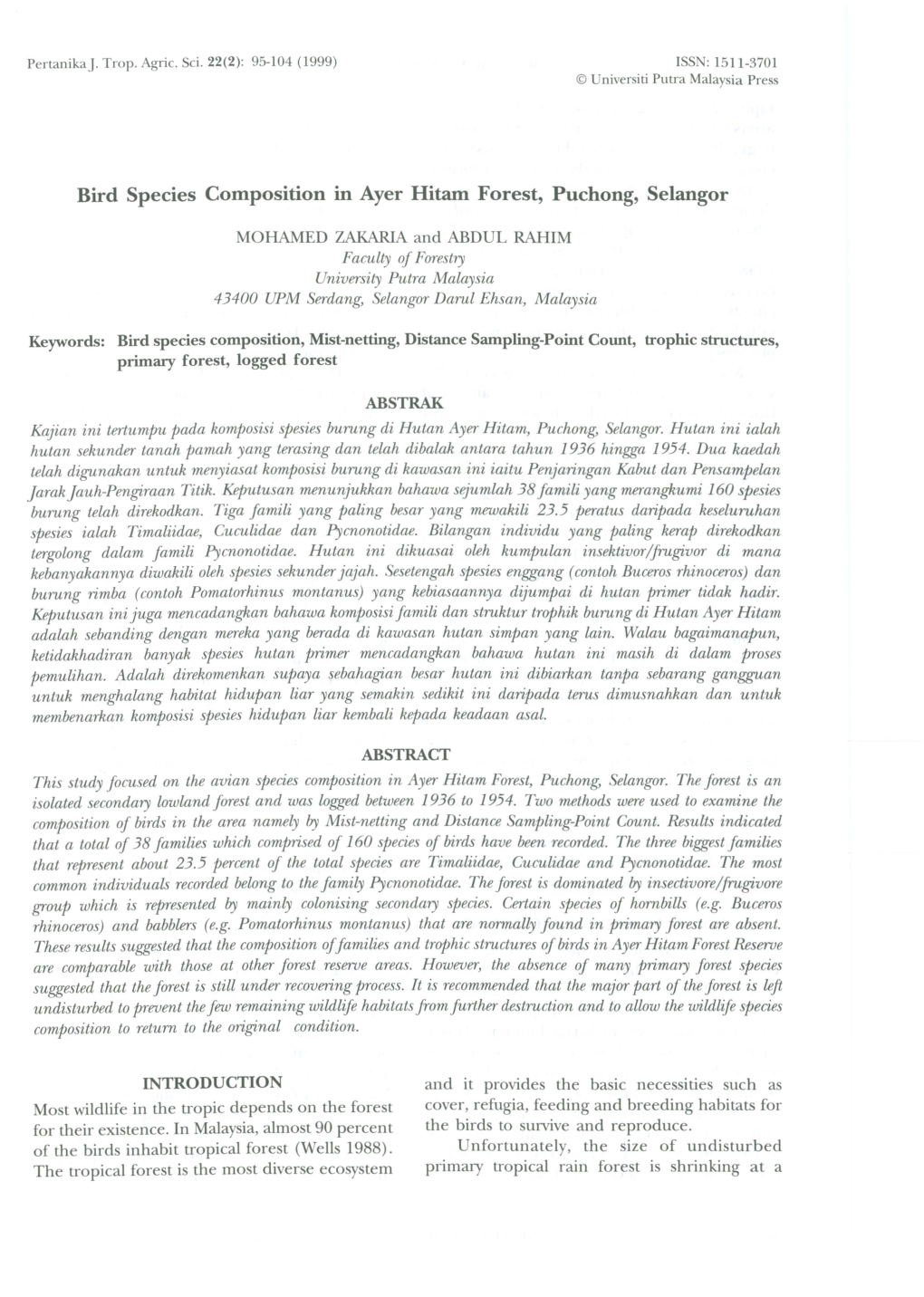 Bird Species Composition in Ayer Hitam Forest, Puchong, Selangor