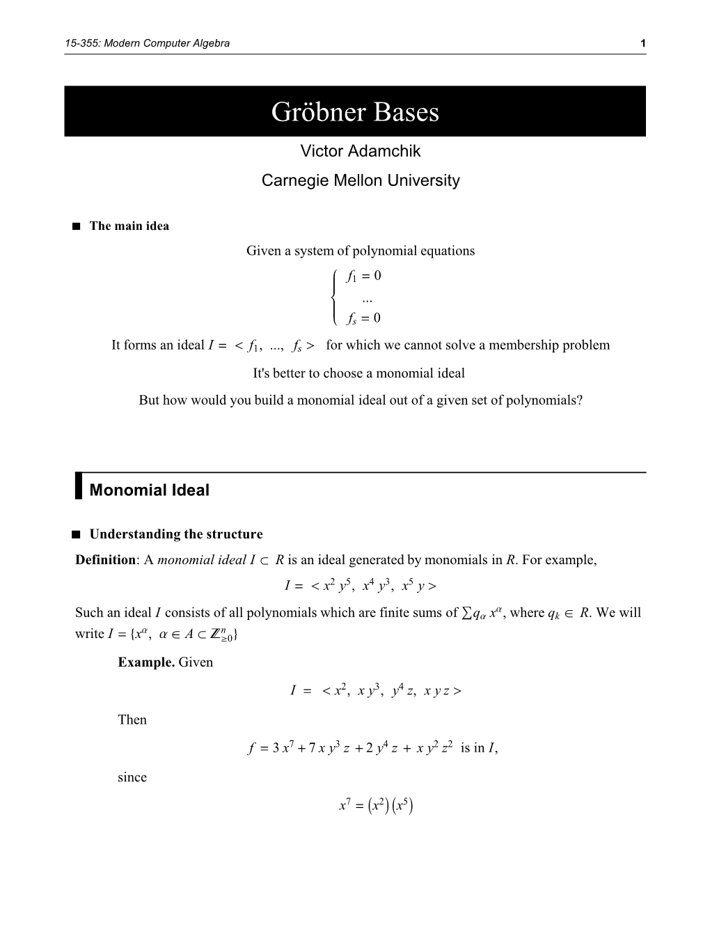 Gröbner Bases Victor Adamchik Carnegie Mellon University