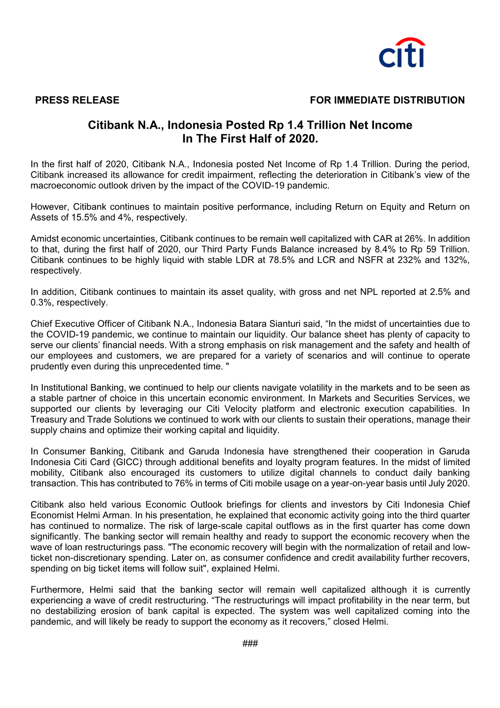 Citibank N.A., Indonesia Posted Rp 1.4 Trillion Net Income in the First Half of 2020