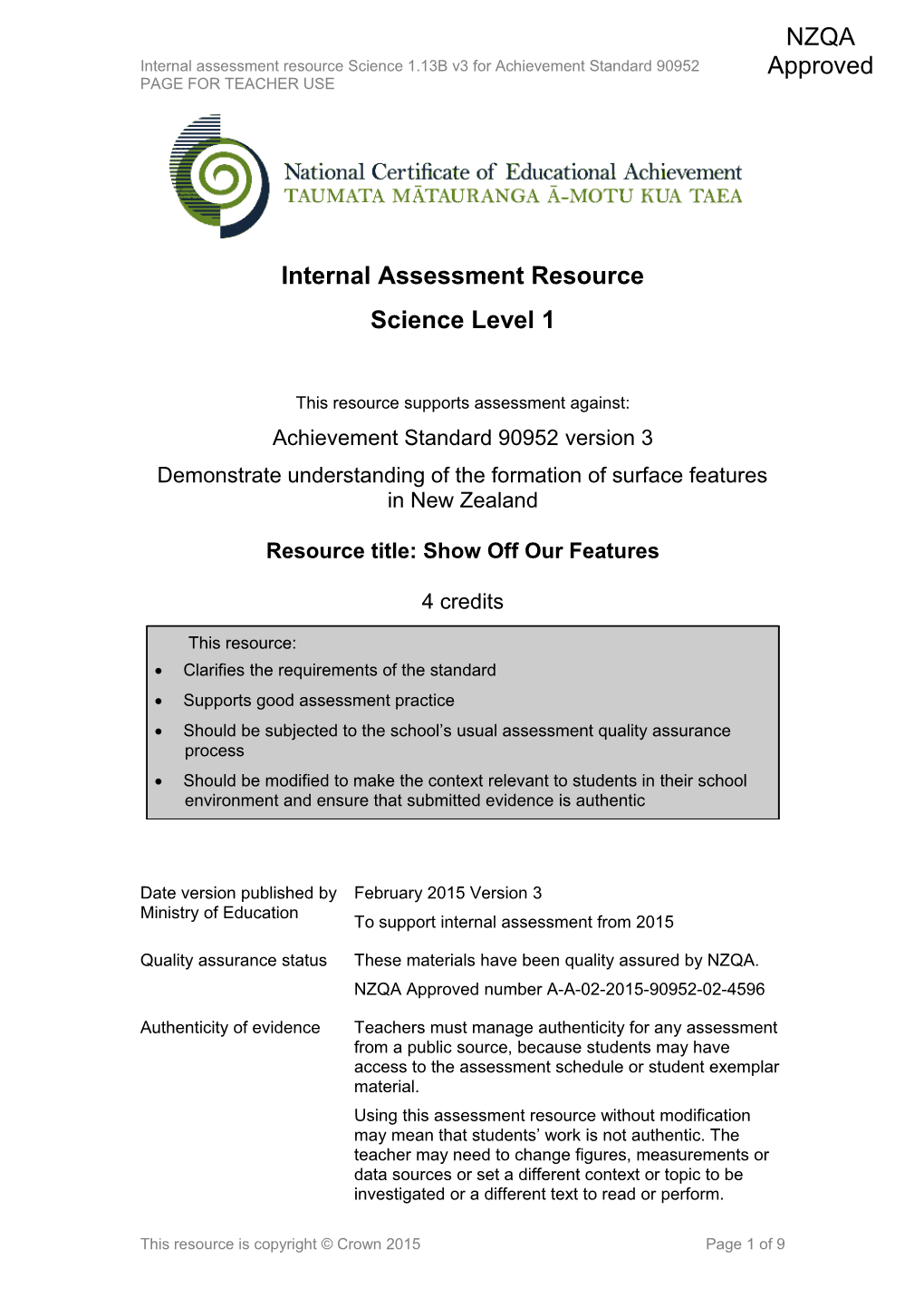 Level 1 Science Internal Assessment Resource