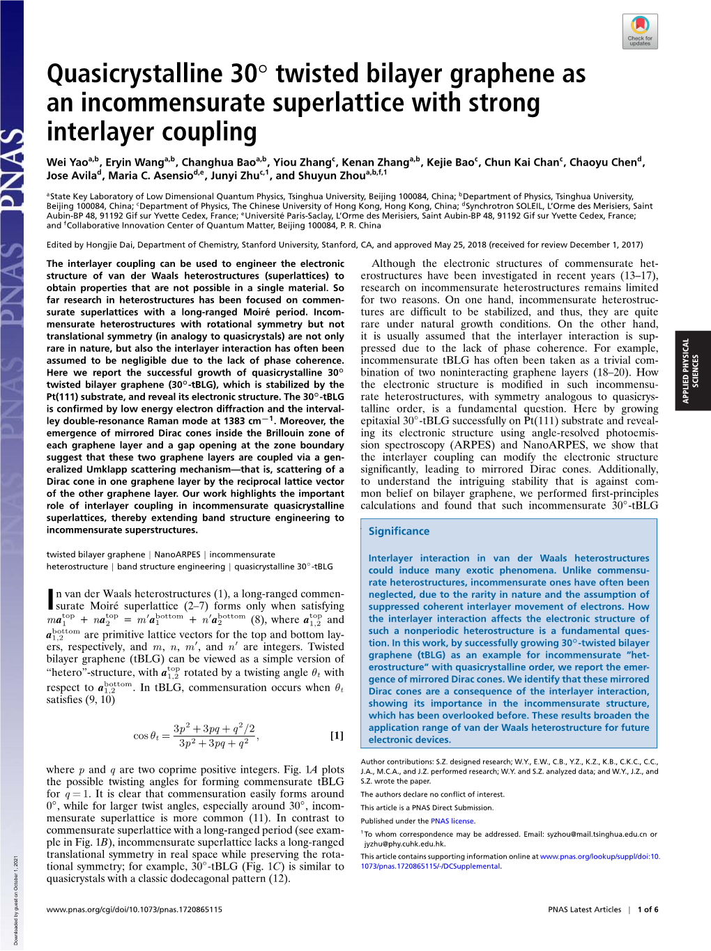 Quasicrystalline 30 Twisted Bilayer Graphene As an Incommensurate