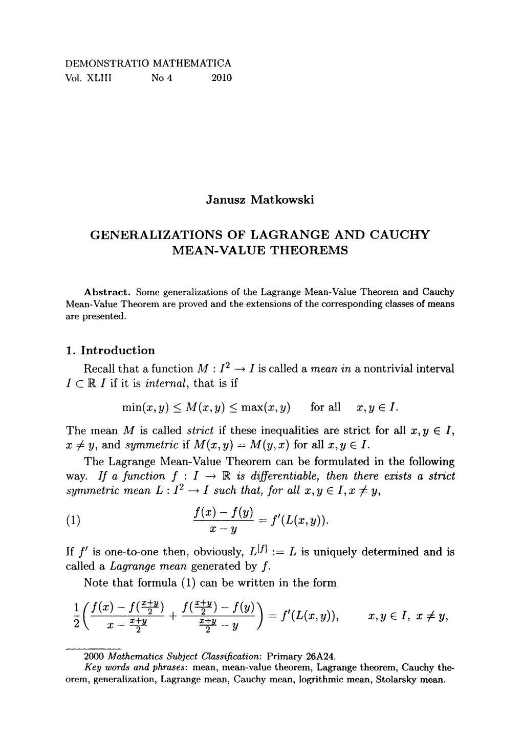 Janusz Matkowski GENERALIZATIONS OF