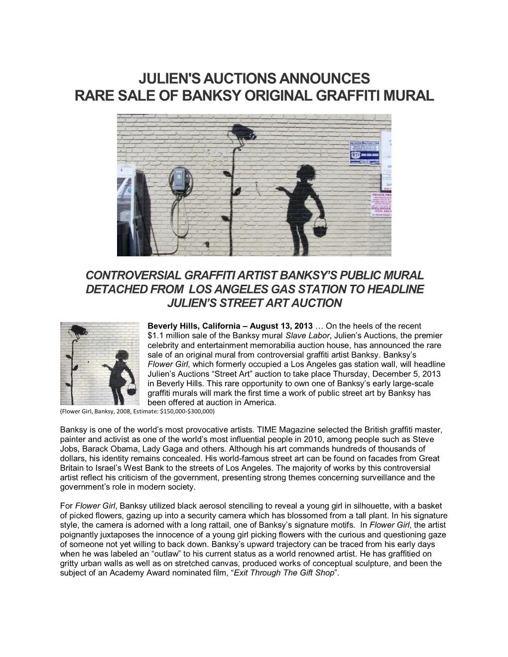 Julien's Auctions Announces Rare Sale of Banksy Original Graffiti Mural