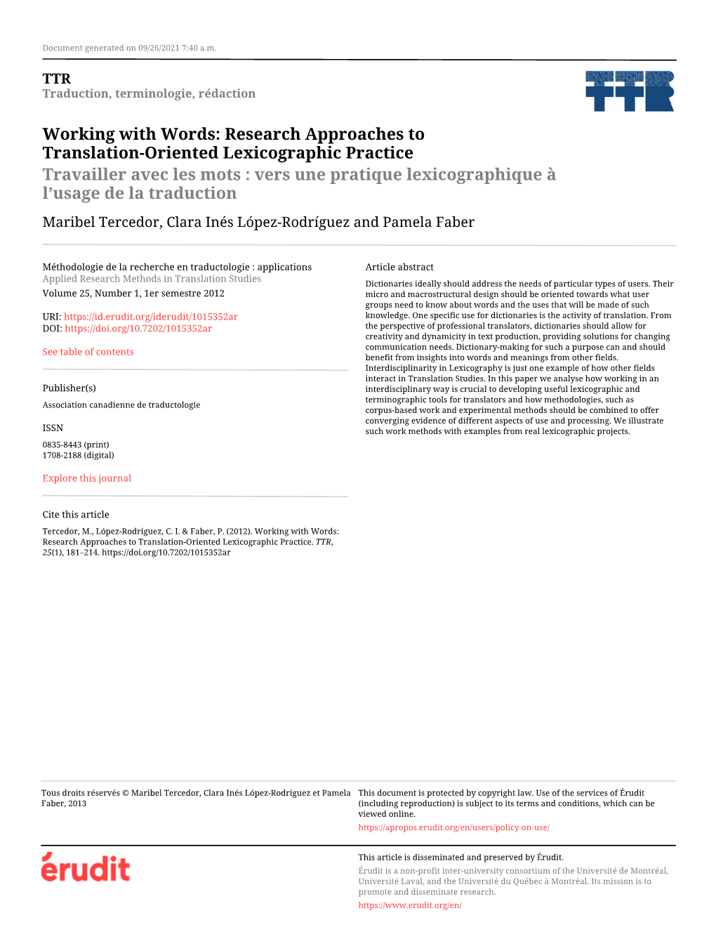 Working with Words: Research Approaches to Translation-Oriented