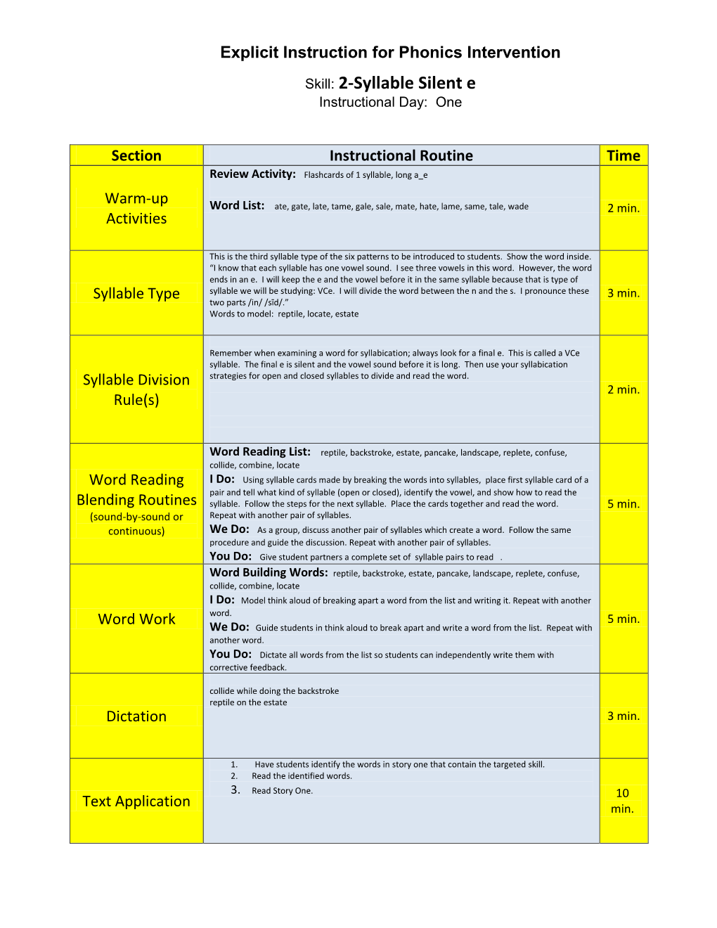 Skill: 2-Syllable Silent E Instructional Day: One