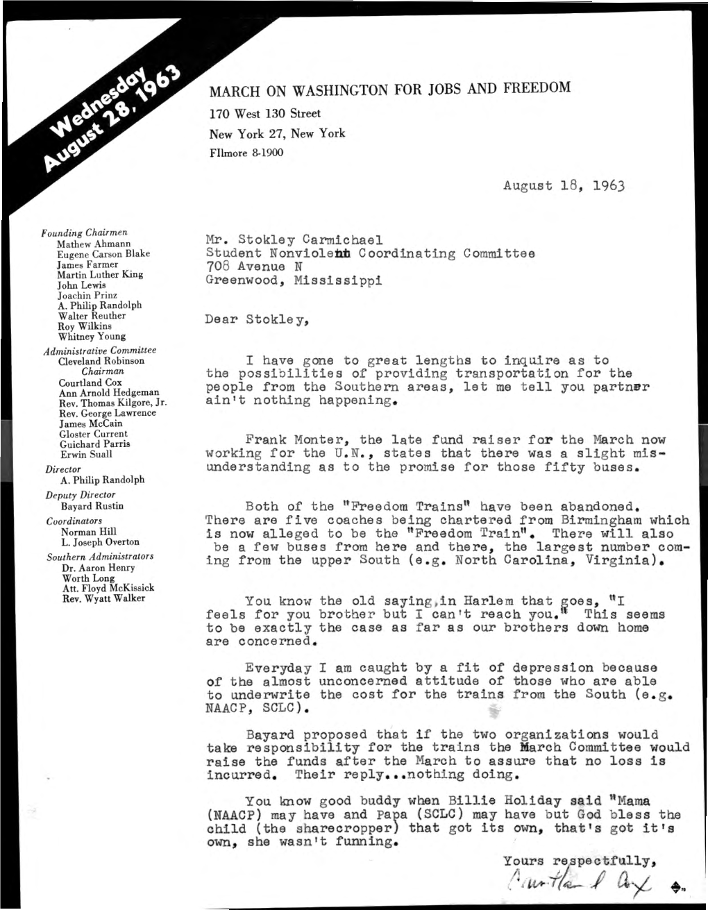 March on Washington Correspondence, Letter to Stokley