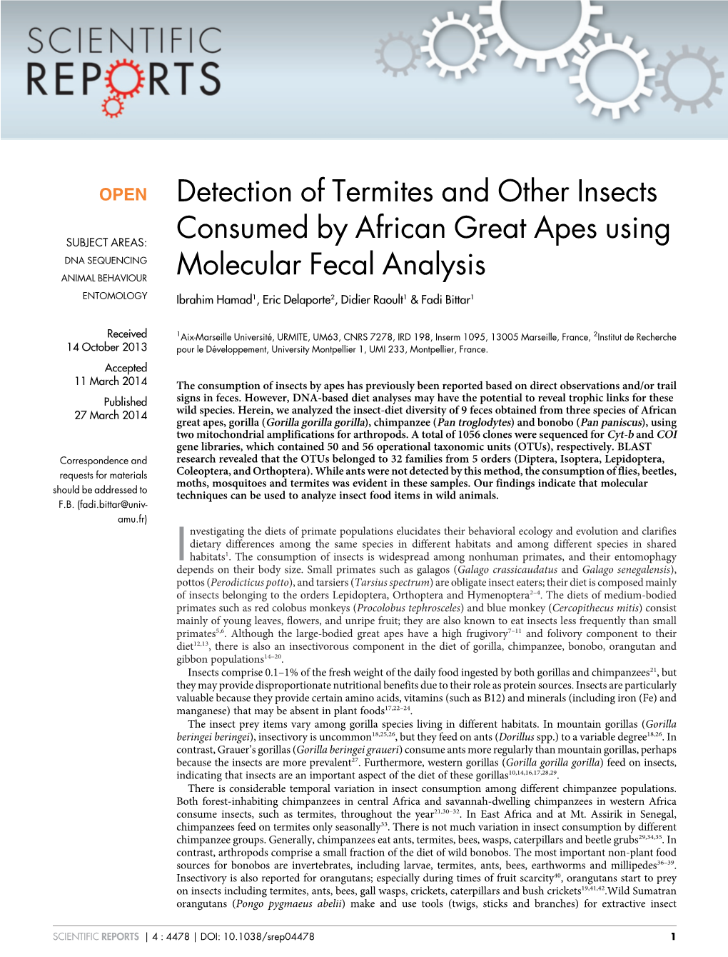 Detection of Termites and Other Insects Consumed by African Great Apes Using Molecular Fecal Analysis