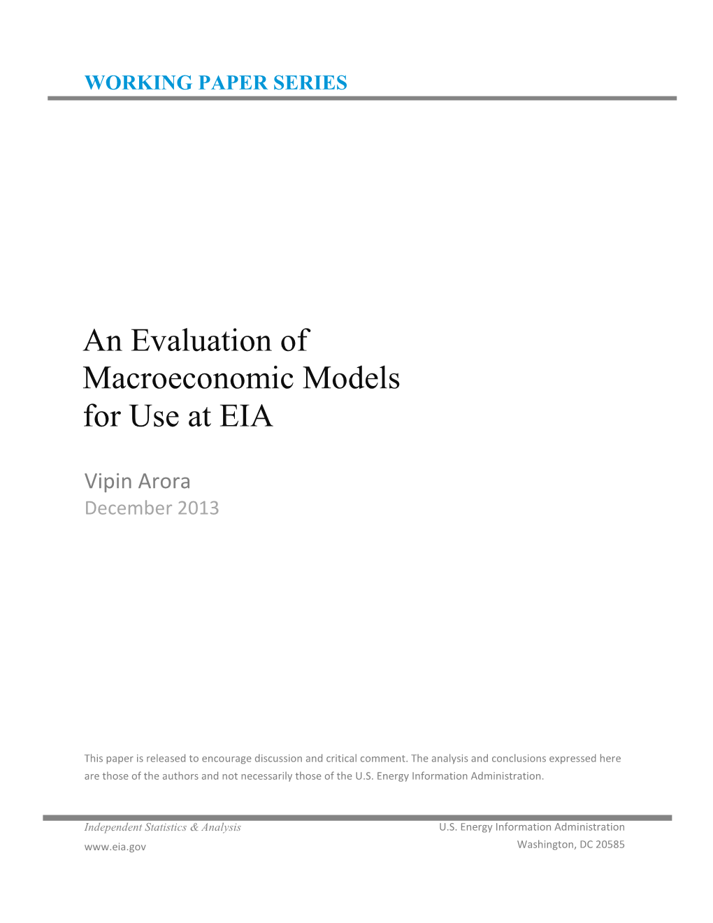 An Evaluation of Macroeconomic Models for Use at EIA