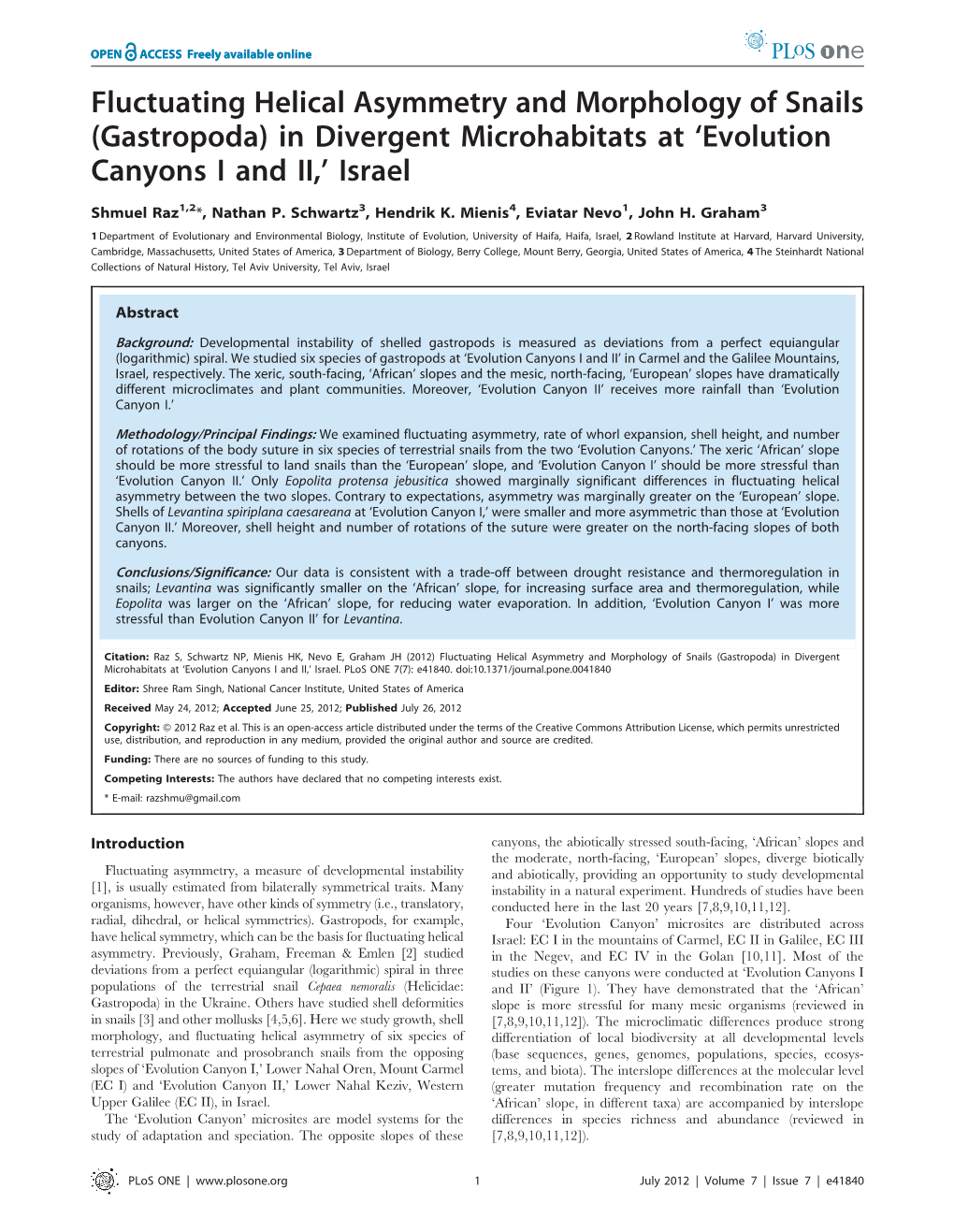 Fluctuating Helical Asymmetry and Morphology of Snails (Gastropoda) in Divergent Microhabitats at ‘Evolution Canyons I and II,’ Israel