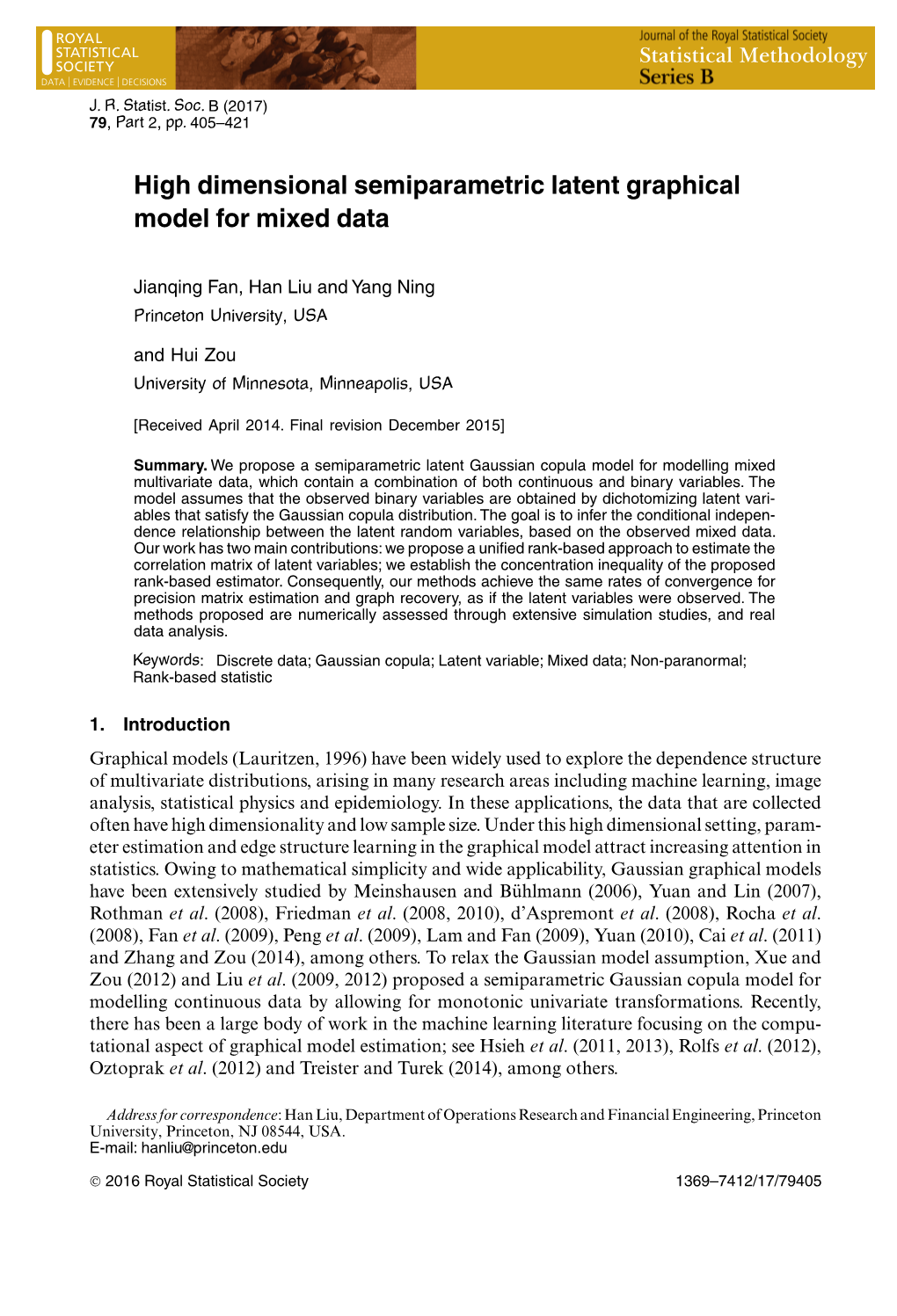 High Dimensional Semiparametric Latent Graphical Model for Mixed Data