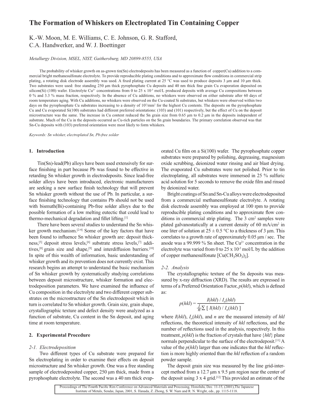 The Formation of Whiskers on Electroplated Tin Containing Copper