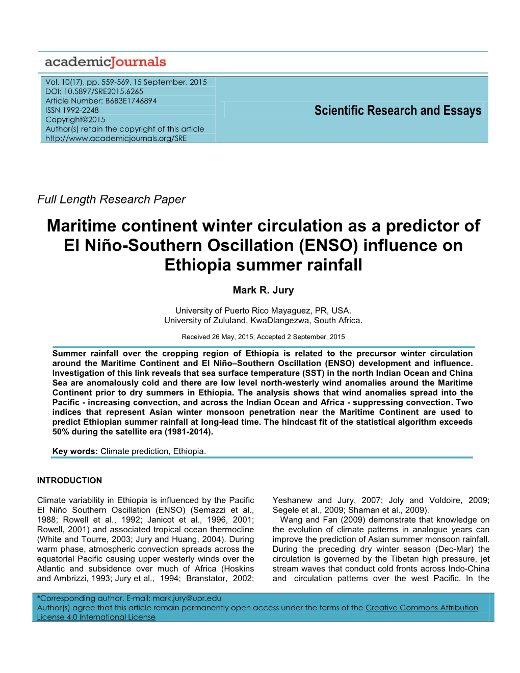 Maritime Continent Winter Circulation As a Predictor of El Niño-Southern Oscillation (ENSO) Influence on Ethiopia Summer Rainfall