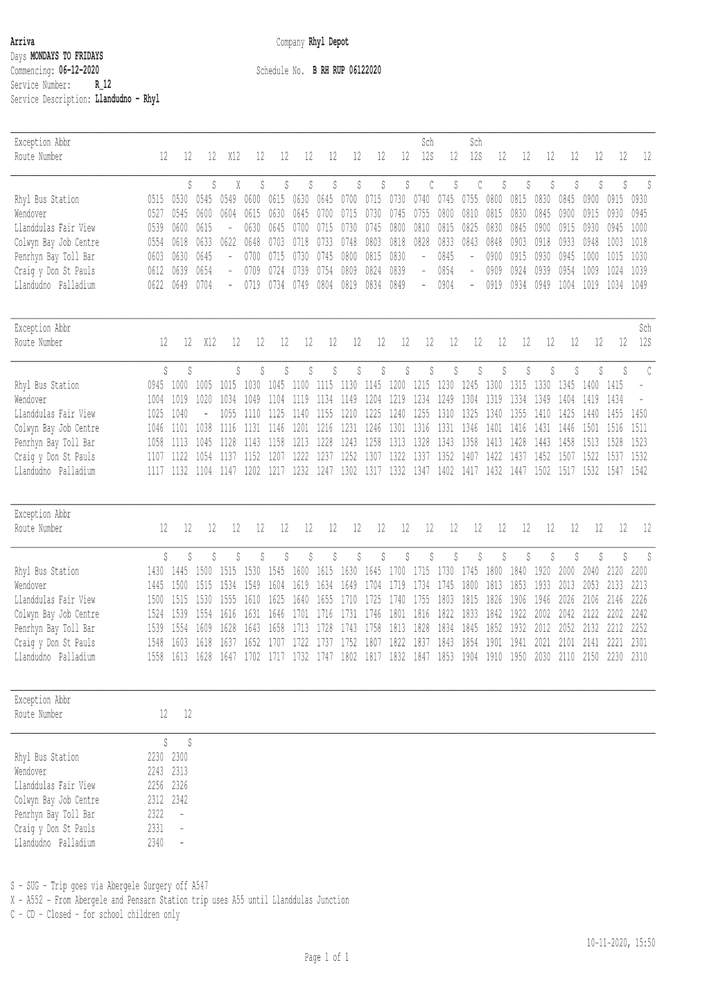 Service 12 Timetable (Llandudno