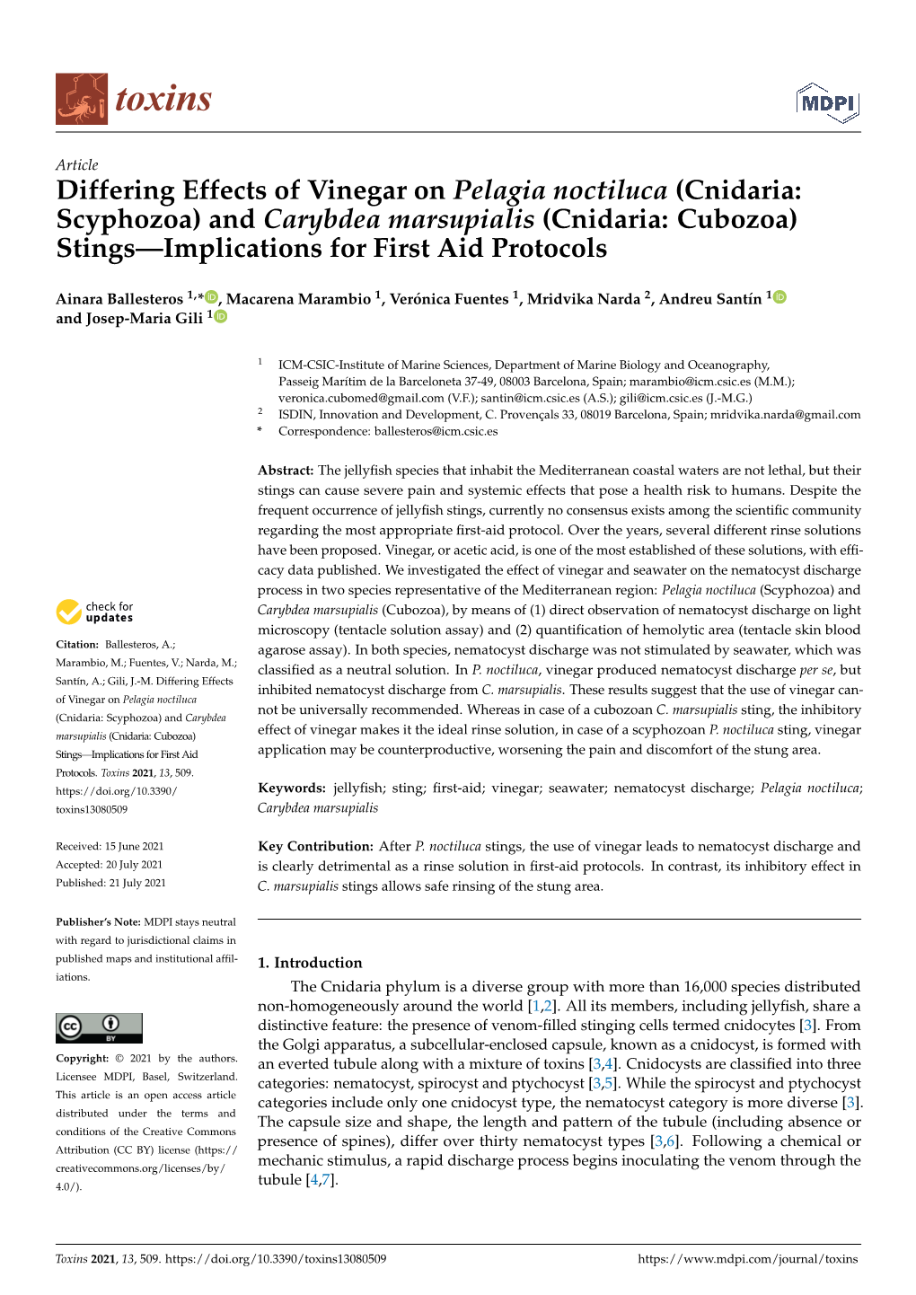 Differing Effects of Vinegar on Pelagia Noctiluca (Cnidaria: Scyphozoa) and Carybdea Marsupialis (Cnidaria: Cubozoa) Stings—Implications for First Aid Protocols