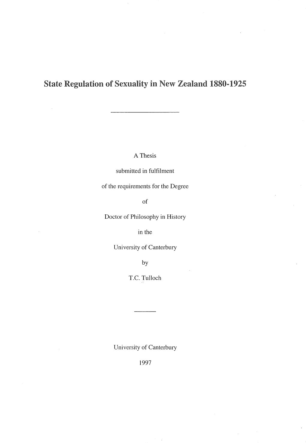 State Regulation of Sexuality in New Zealand 1880-1925