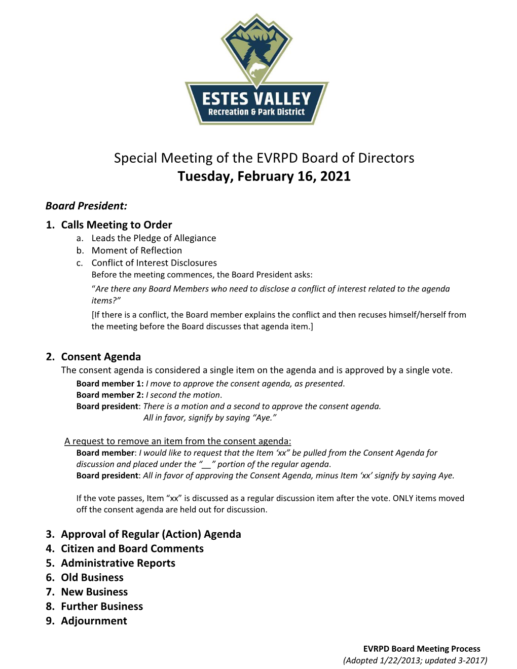 Special Meeting of the EVRPD Board of Directors Tuesday, February 16, 2021