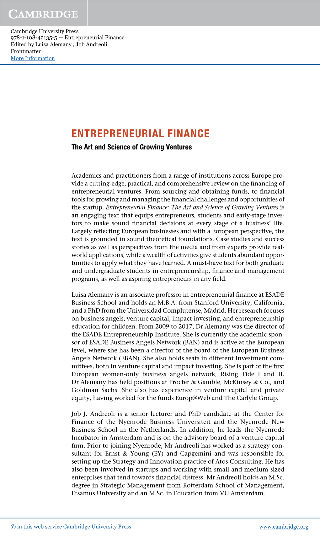 Entrepreneurial Finance Edited by Luisa Alemany , Job Andreoli Frontmatter More Information