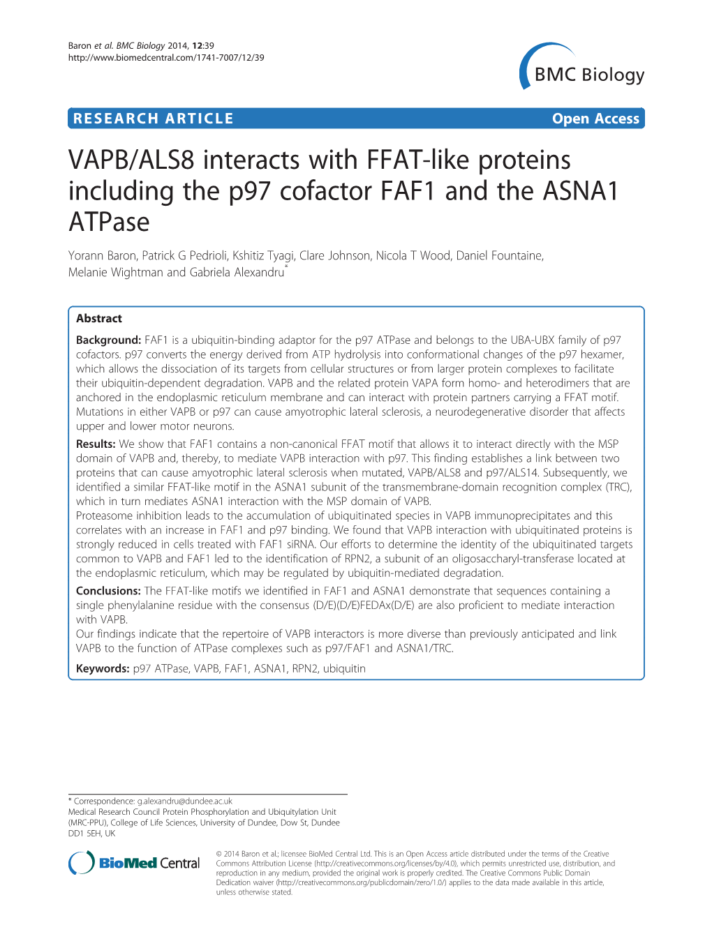 VAPB/ALS8 Interacts with FFAT-Like Proteins Including the P97 Cofactor