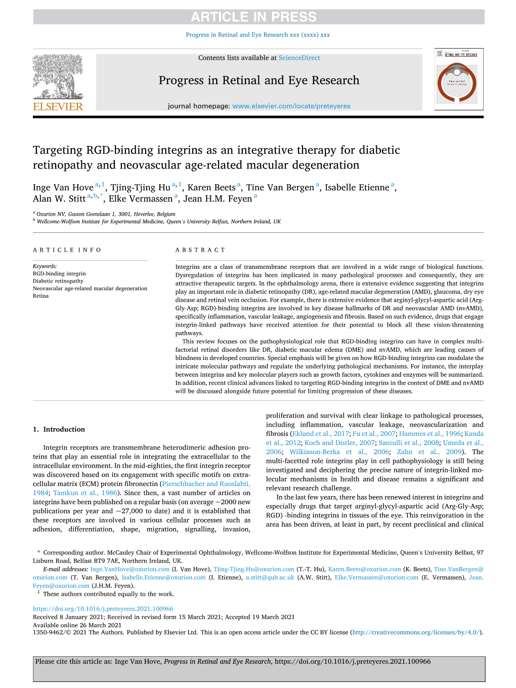 Targeting RGD-Binding Integrins As an Integrative Therapy for Diabetic Retinopathy and Neovascular Age-Related Macular Degeneration