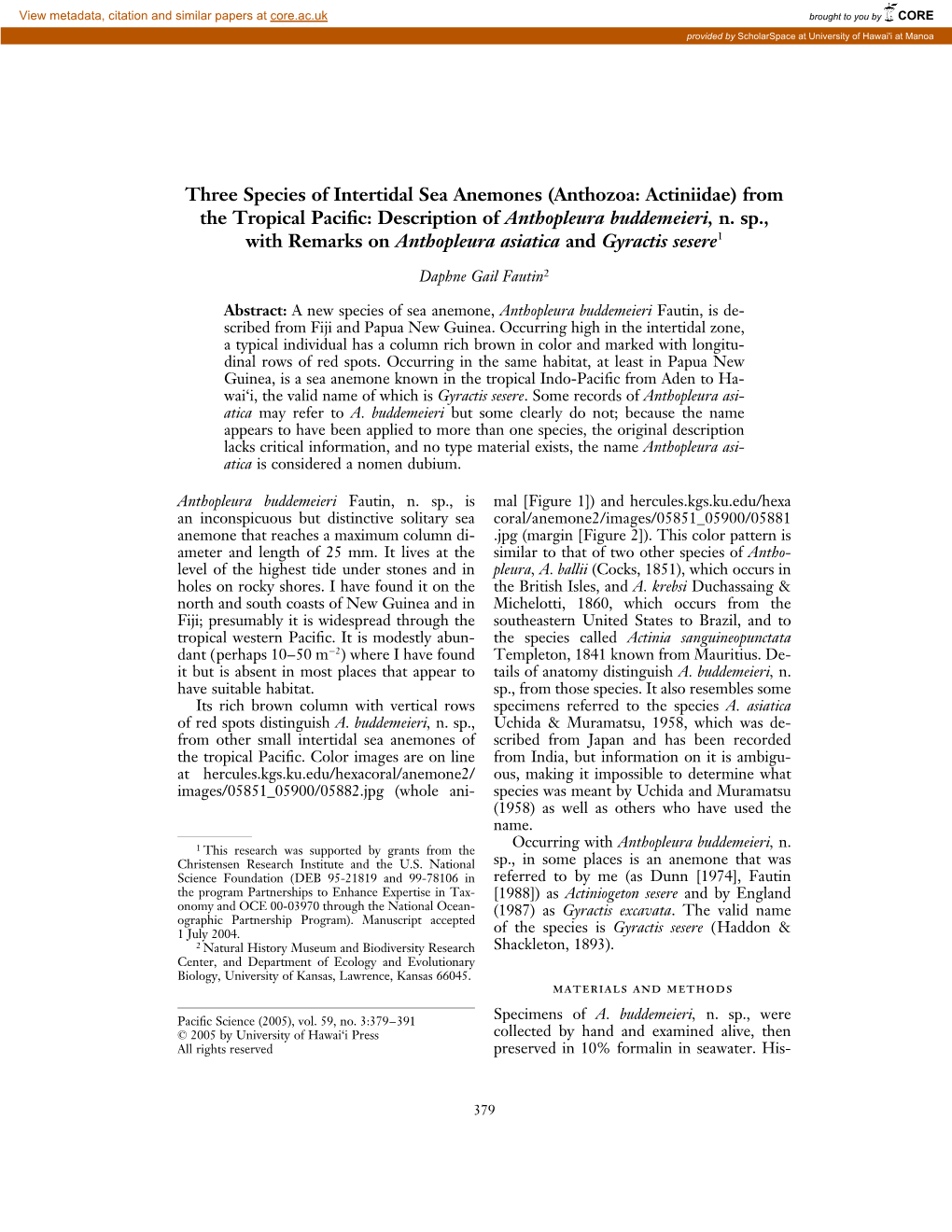 Three Species of Intertidal Sea Anemones (Anthozoa: Actiniidae) from the Tropical Paciﬁc: Description of Anthopleura Buddemeieri, N