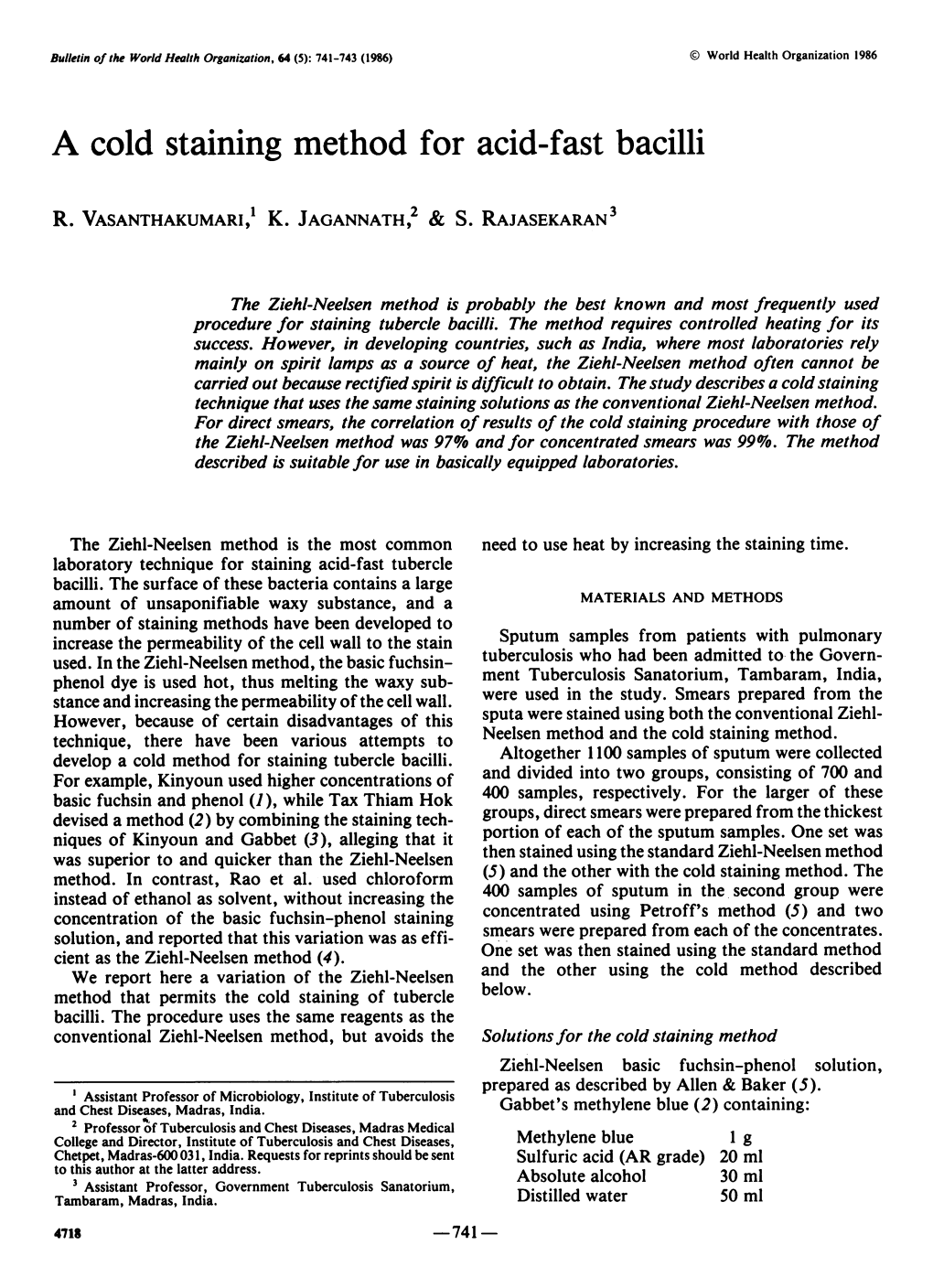 A Cold Staining Method for Acid-Fast Bacilli