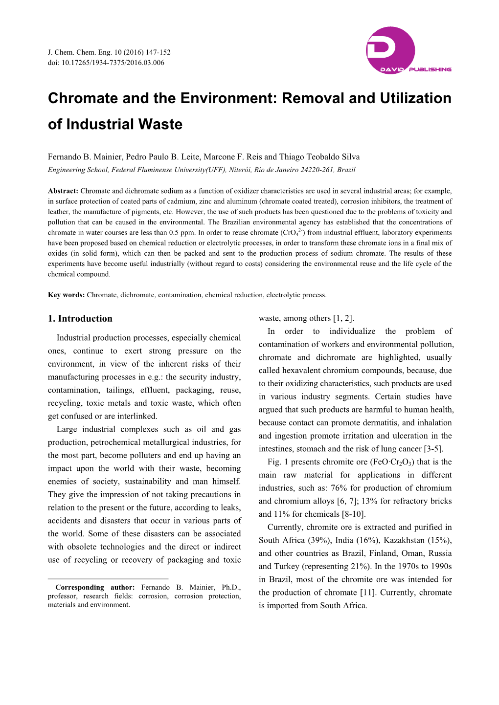 Chromate and the Environment: Removal and Utilization of Industrial Waste