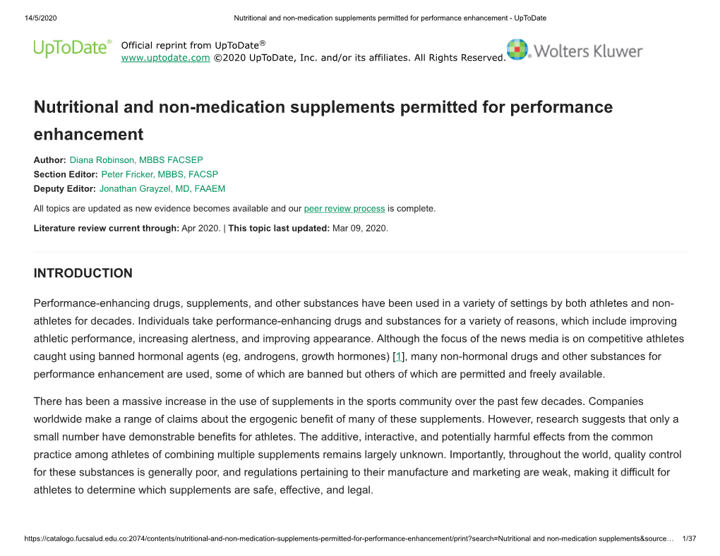 Nutritional and Non-Medication Supplements Permitted for Performance Enhancement - Uptodate