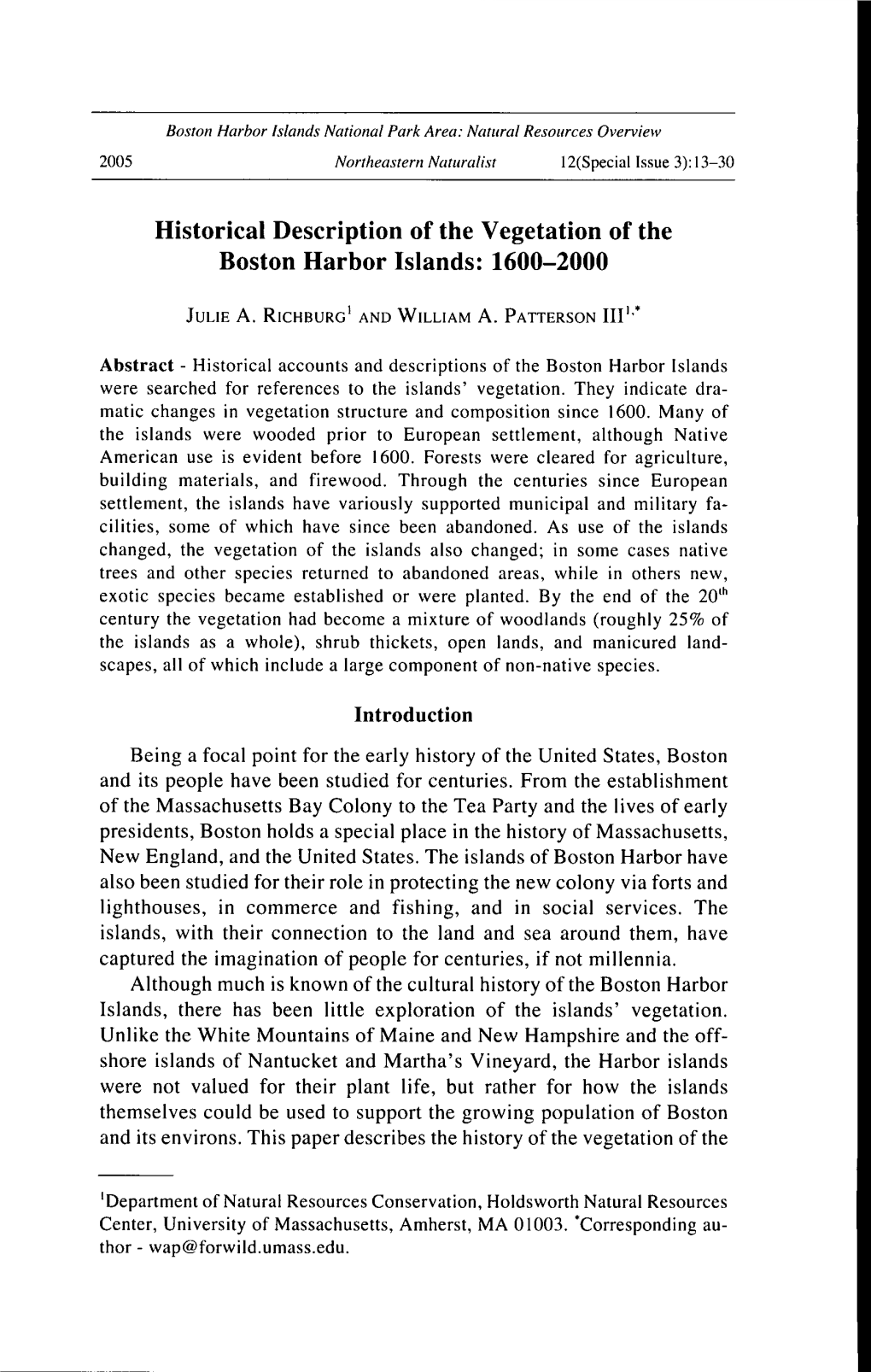 Historical Description of the Vegetation of the Boston Harbor Islands: 1600-2000