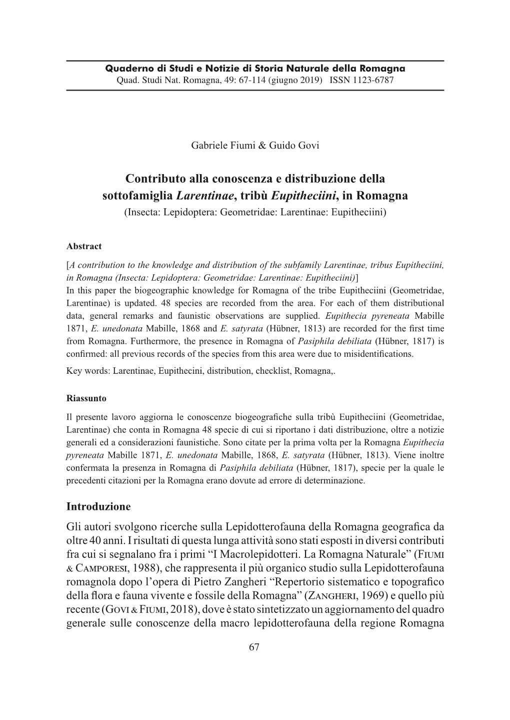 Contributo Alla Conoscenza E Distribuzione Della Sottofamiglia