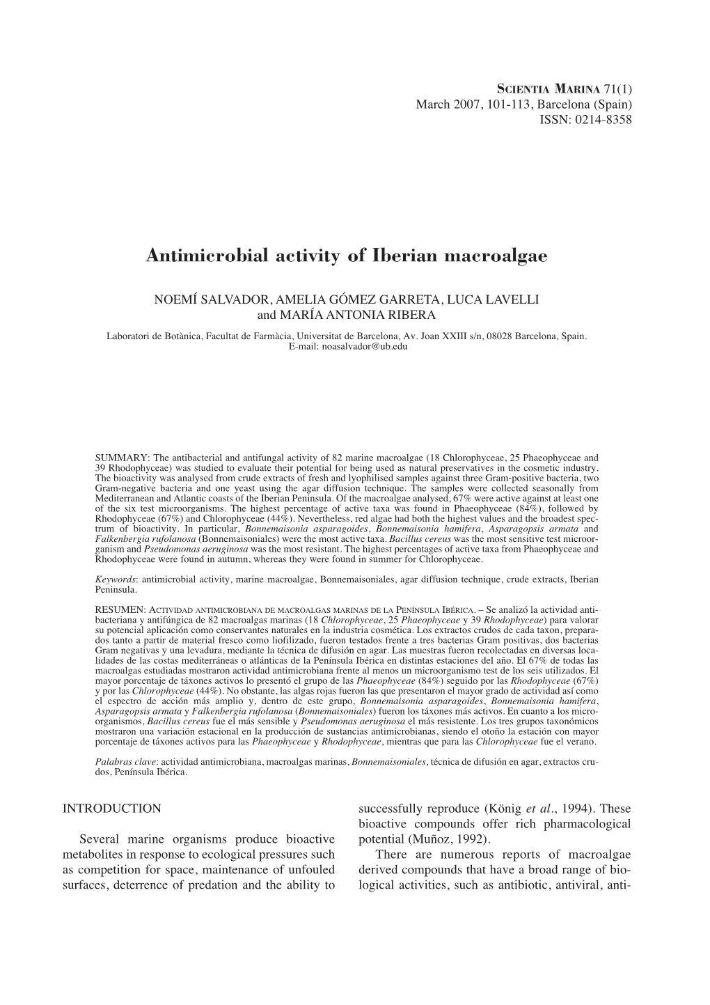 Antimicrobial Activity of Iberian Macroalgae
