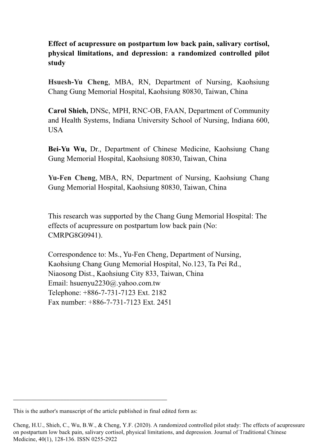 Effect of Acupressure on Postpartum Low Back Pain, Salivary Cortisol, Physical Limitations, and Depression: a Randomized Controlled Pilot Study