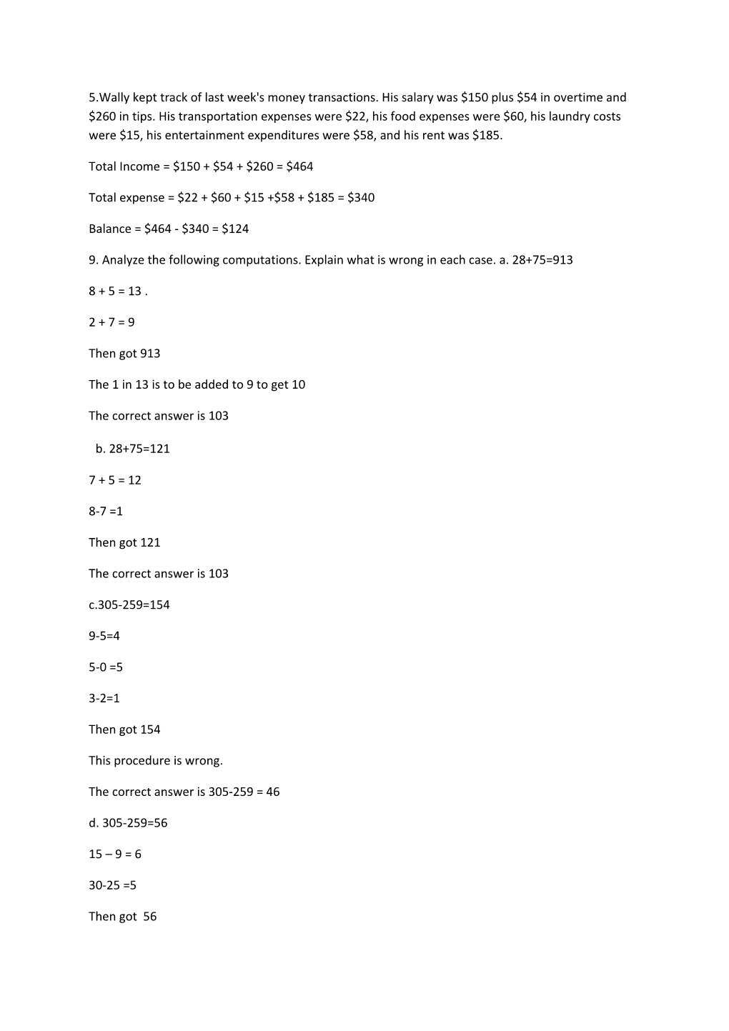 9. Analyze the Following Computations. Explain What Is Wrong in Each Case. A. 28+75=913