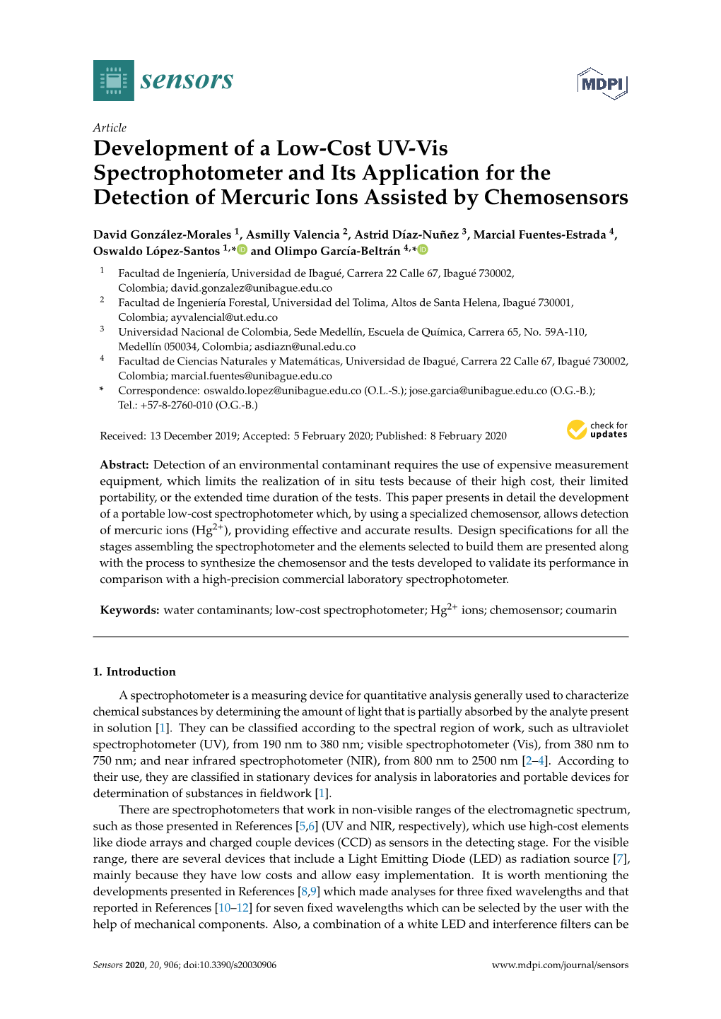 Development of a Low-Cost UV-Vis Spectrophotometer and Its Application for the Detection of Mercuric Ions Assisted by Chemosensors