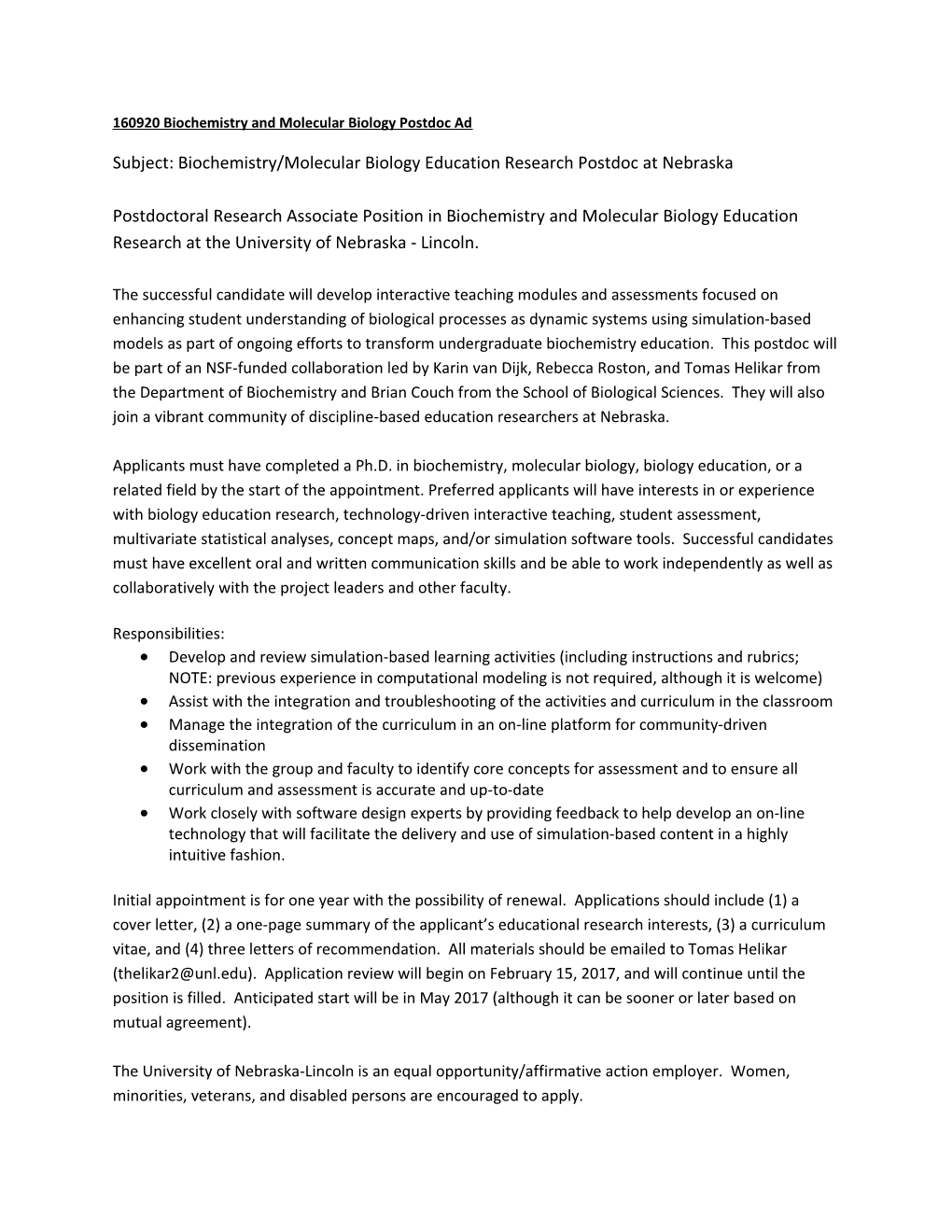 160920 Biochemistry and Molecular Biology Postdoc Ad