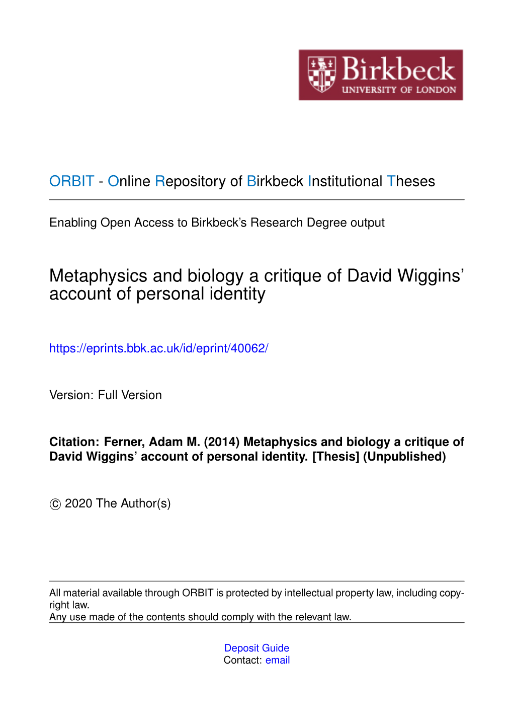 Metaphysics and Biology a Critique of David Wiggins' Account of Personal