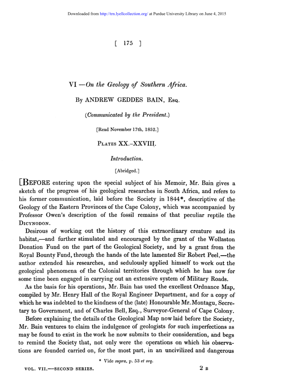 On the Geology of Southern Africa. by ANDREW GEDDES BAIN, ESQ