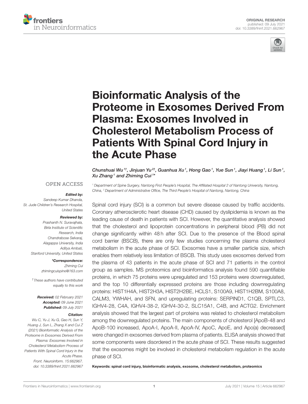 Exosomes Involved in Cholesterol Metabolism Process of Patients with Spinal Cord Injury in the Acute Phase