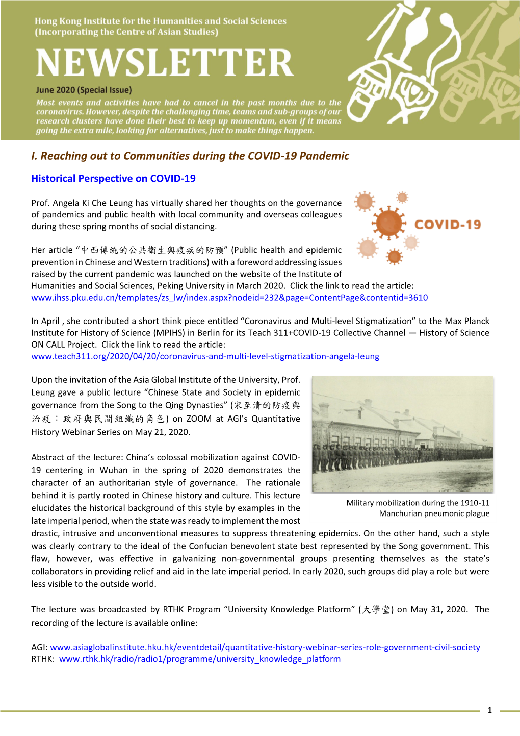 I. Reaching out to Communities During the COVID-19 Pandemic Historical Perspective on COVID-19