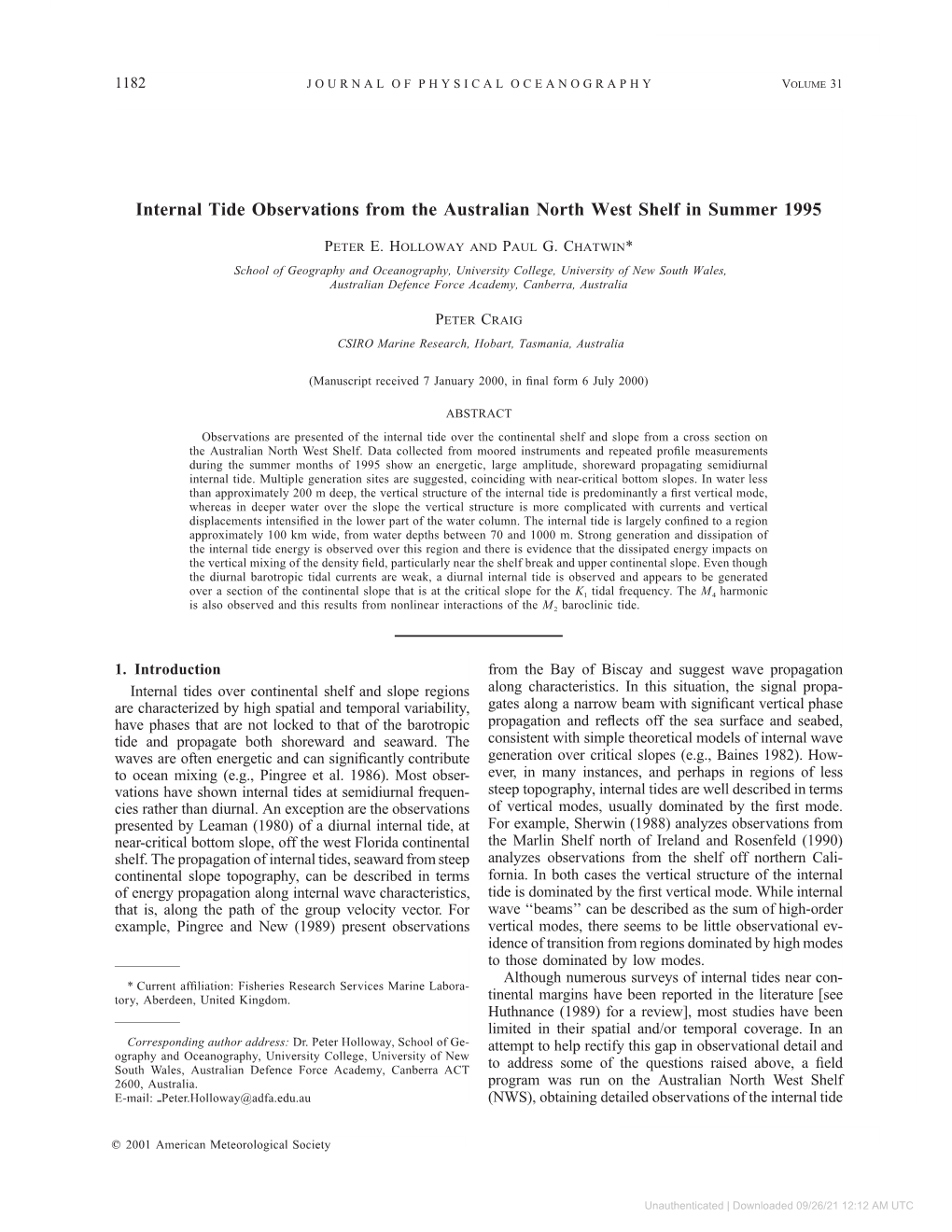 Internal Tide Observations from the Australian North West Shelf in Summer 1995